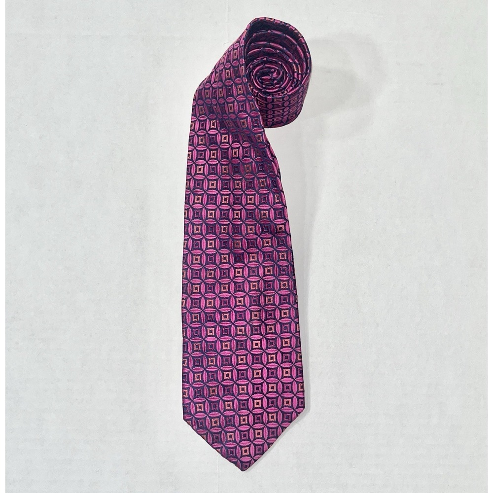 Fratelli Moda Tie Men's OS Pink Geometric AOP 100% Silk‎ Made In Italy Business